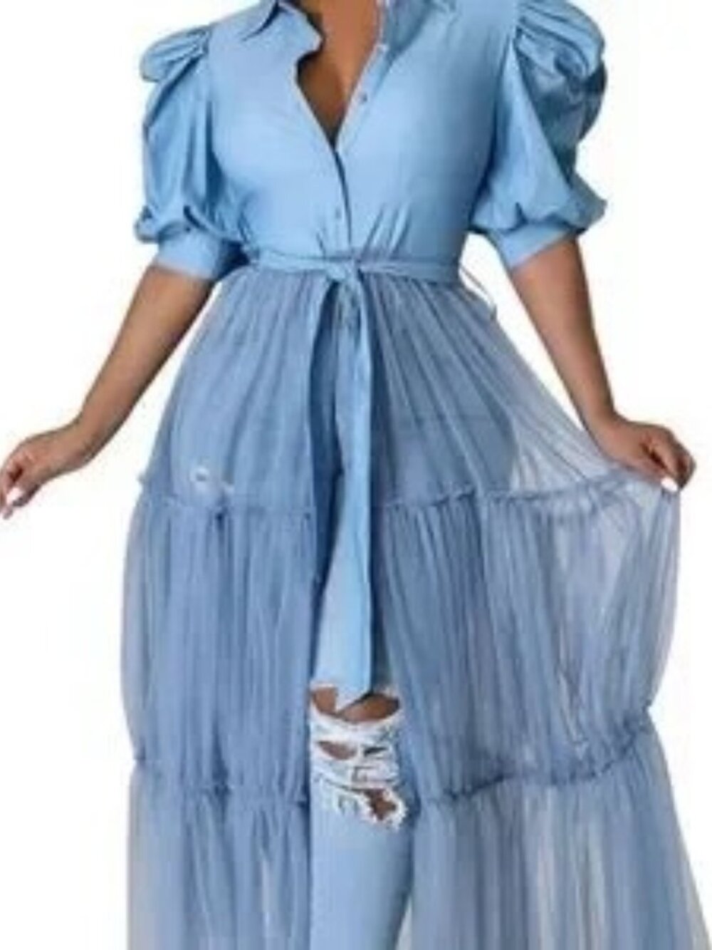 Chic Light Blue Button Down Shirt with Sheer Hem